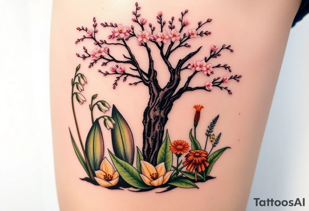 White lily in the valley bells  next to other different colored lilie plants planted underneath a blooming hawthorn tree tattoo idea
