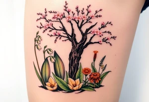 White lily in the valley bells  next to other different colored lilie plants planted underneath a blooming hawthorn tree tattoo idea