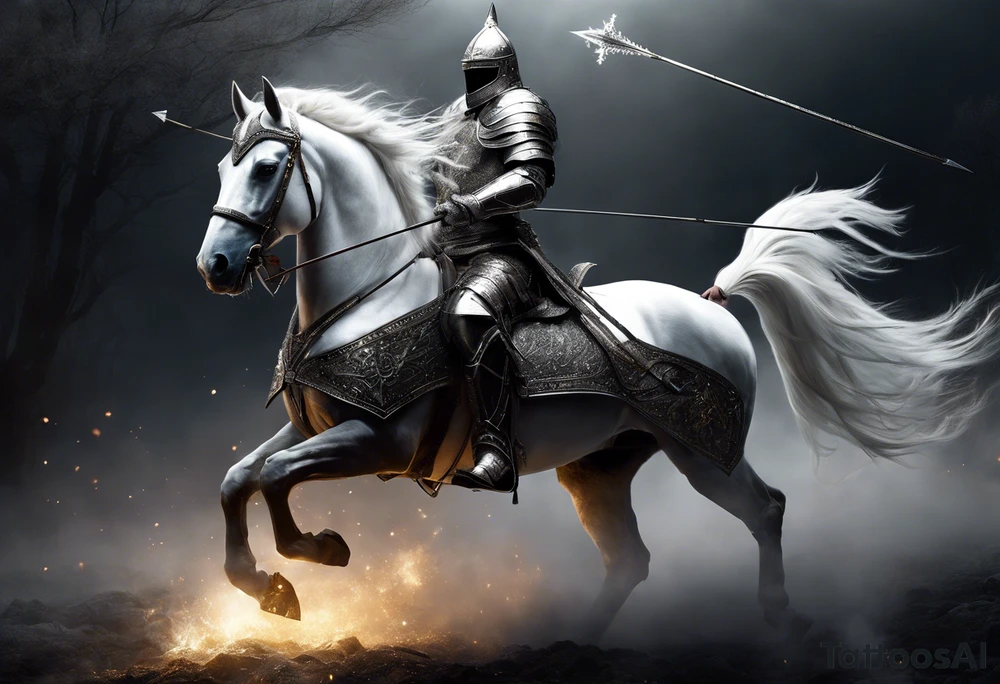 Dark art of the first horseman of the apocalypse. Wearing iron armor with a crown-shaped helmet, carrying a bow and arrows in one hand, he rides a white horse that is strong and slender, wearing shiny ornaments on his face. It is not possible to see the face of the horseman, who is obscured by the darkness and fog of the image. It is important that the horseman is facing the image and that the image shows the entire body of both the horse and the rider. tattoo idea