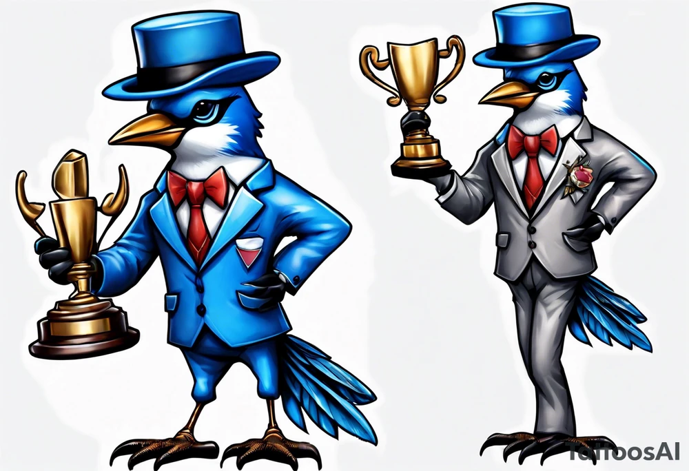 bluejay in a suit holding a trophy tattoo idea