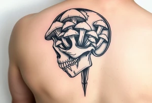 right side of a skull with lots of mushrooms  growing out of its eyes tattoo idea
