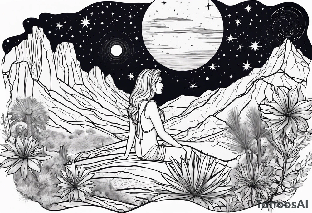 Outline of woman and man sitting in Arizona desert looking at the galaxy tattoo idea