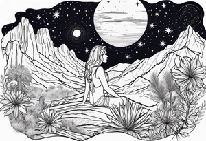 Outline of woman and man sitting in Arizona desert looking at the galaxy tattoo idea
