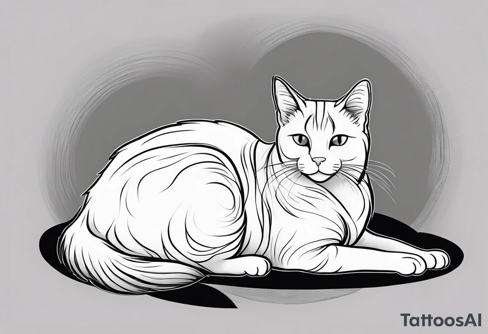 Simple line drawing of a grey cat white some small white patches on her belly and white paws. I want her curled up sleeping. tattoo idea