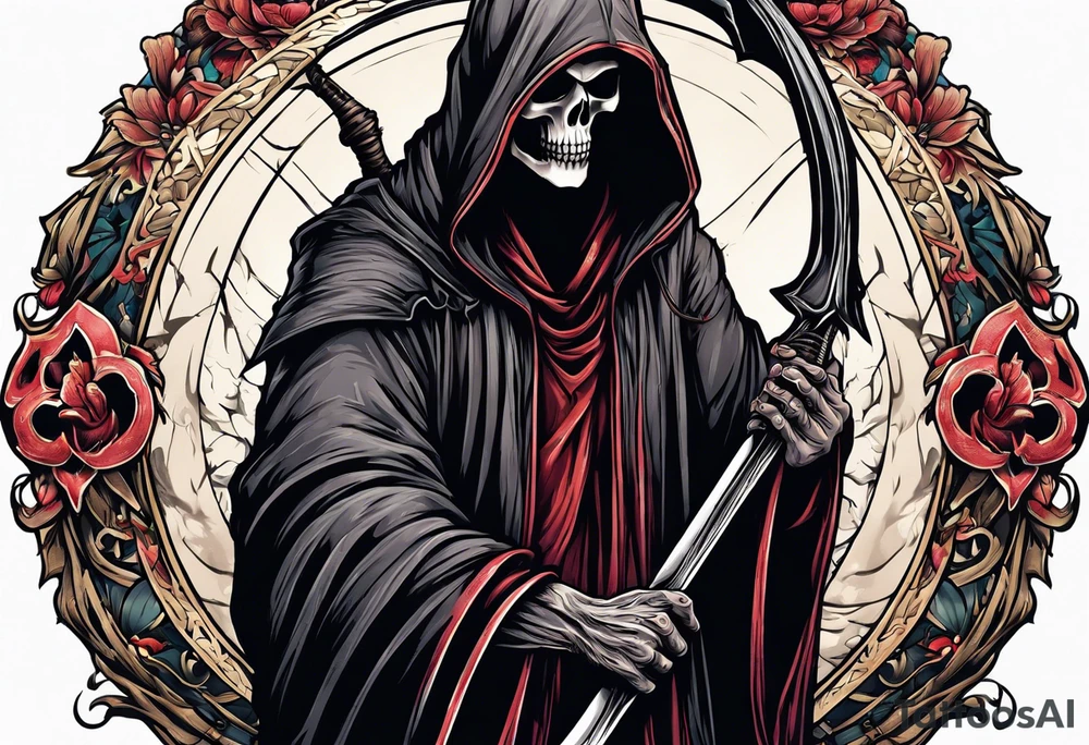 A full body grim reaper with his hood completely off, a halo above his head. tattoo idea