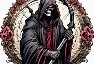A full body grim reaper with his hood completely off, a halo above his head. tattoo idea