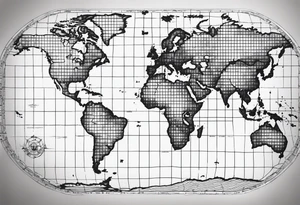 a flat map of the earth on a small fading grid tattoo idea