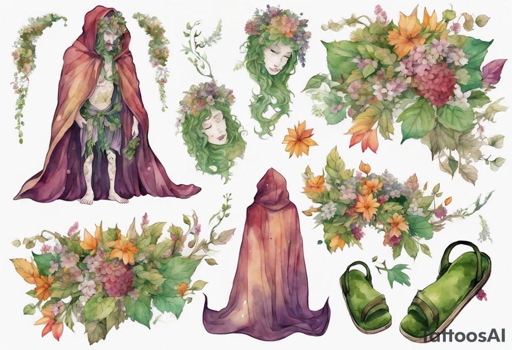 Dionysus covered in flowers and leaves wearing a cloak and mossy slippers tattoo idea