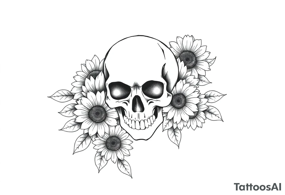 ornate skull adorned with wild roses and sunflowers tattoo idea