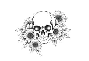 ornate skull adorned with wild roses and sunflowers tattoo idea