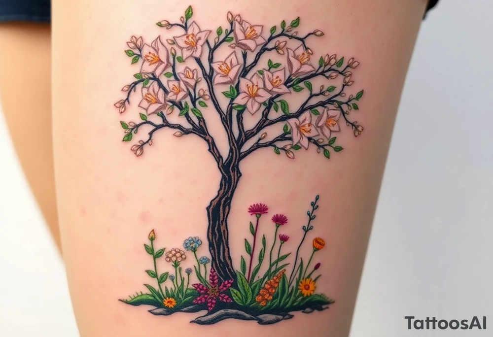Lilly of the vally plants underneath a blooming hawthorn tree with other colorful plants on ground tattoo idea