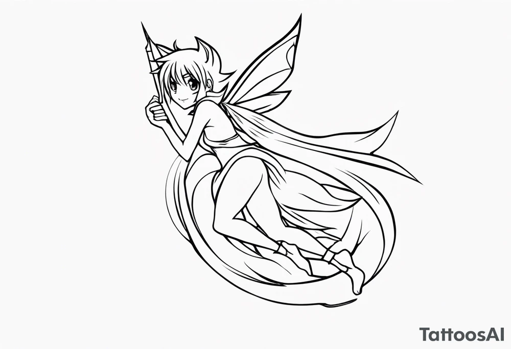 No color fairy with a tail inspired by the logo of the anime show called Fairy Tail in a fetal position leaning in and forward tattoo idea