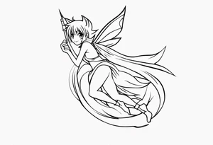 No color fairy with a tail inspired by the logo of the anime show called Fairy Tail in a fetal position leaning in and forward tattoo idea