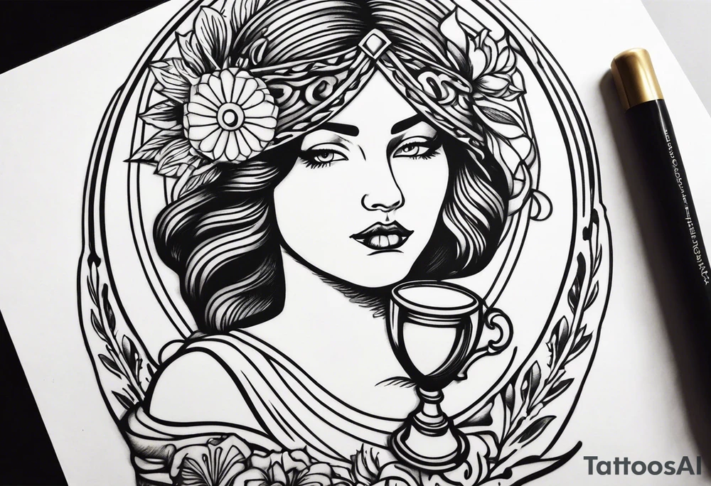 a woman with a halo holding a chalice tattoo idea