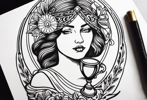 a woman with a halo holding a chalice tattoo idea
