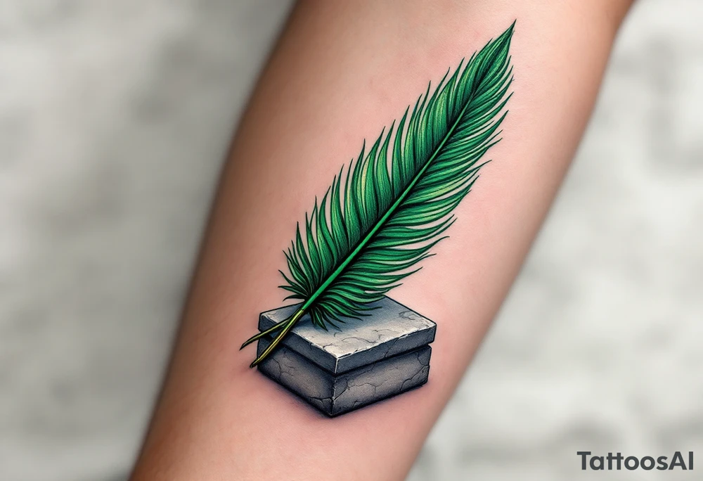 A deep green feather of Ma’at, symbolizing truth and balance, resting on a gray stone tablet. tattoo idea