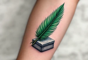 A deep green feather of Ma’at, symbolizing truth and balance, resting on a gray stone tablet. tattoo idea