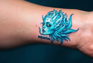 A half-human, half-aquatic being, with waterlike gills and baby blue skintone with word "aquarius" underneath tattoo idea