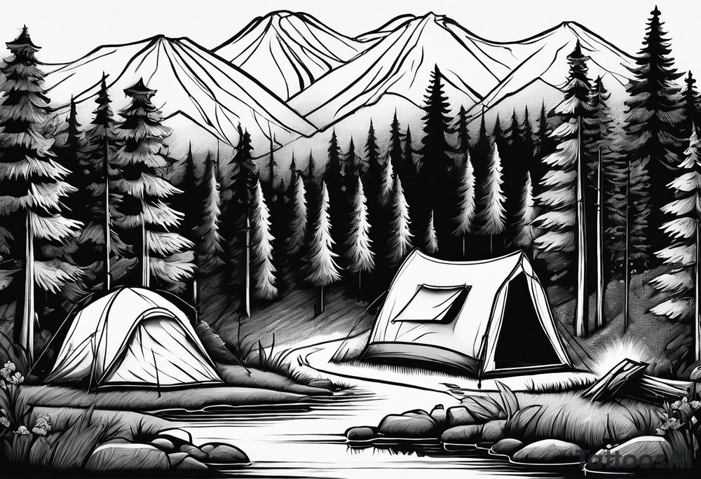 Campground with a small tent and small fire pit with smoke going into the sky. Forest of trees surrounding it with 3 large pine trees being the focus in the background. tattoo idea