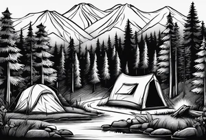 Campground with a small tent and small fire pit with smoke going into the sky. Forest of trees surrounding it with 3 large pine trees being the focus in the background. tattoo idea