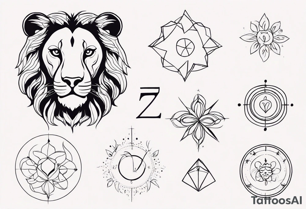 A tattoo in delicate style, so gentle. The zodiac sign, Leo. The sketch should include fire, something delicate like that, and the numbers 7 and 8. tattoo idea