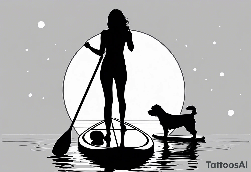 Silhouette of girl and little yorkie standing paddle boarding. Minimalist. Circle sun water one line tattoo idea