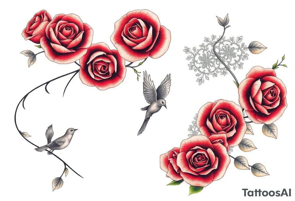 Vintage dollies, red roses, lace, red bird, no people, vintage, lower wrap arm tattoo tattoo idea