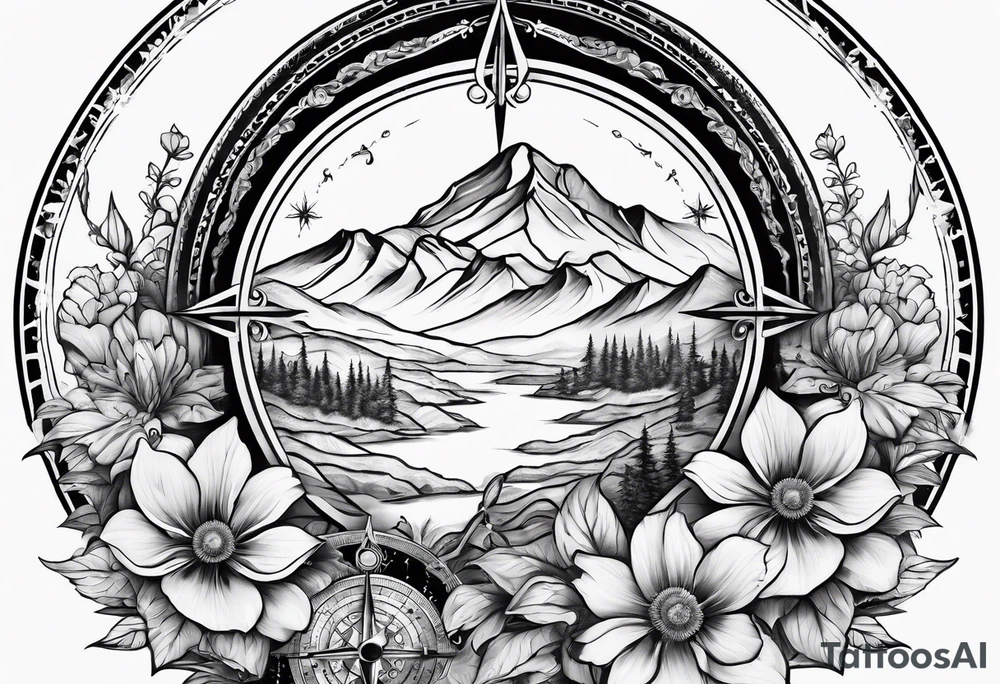 Compass mountains flowers tattoo idea