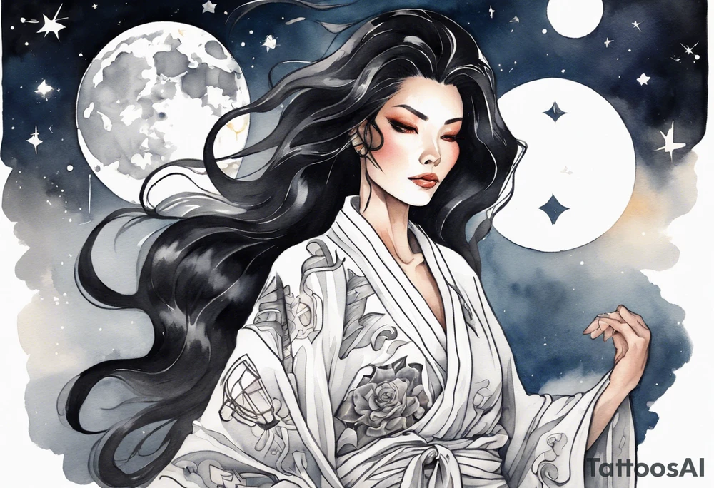 a beautiful black-haired middle-aged woman dressed in a black and white robe,  glowing in the night sky tattoo idea