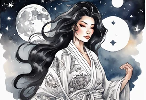 a beautiful black-haired middle-aged woman dressed in a black and white robe,  glowing in the night sky tattoo idea