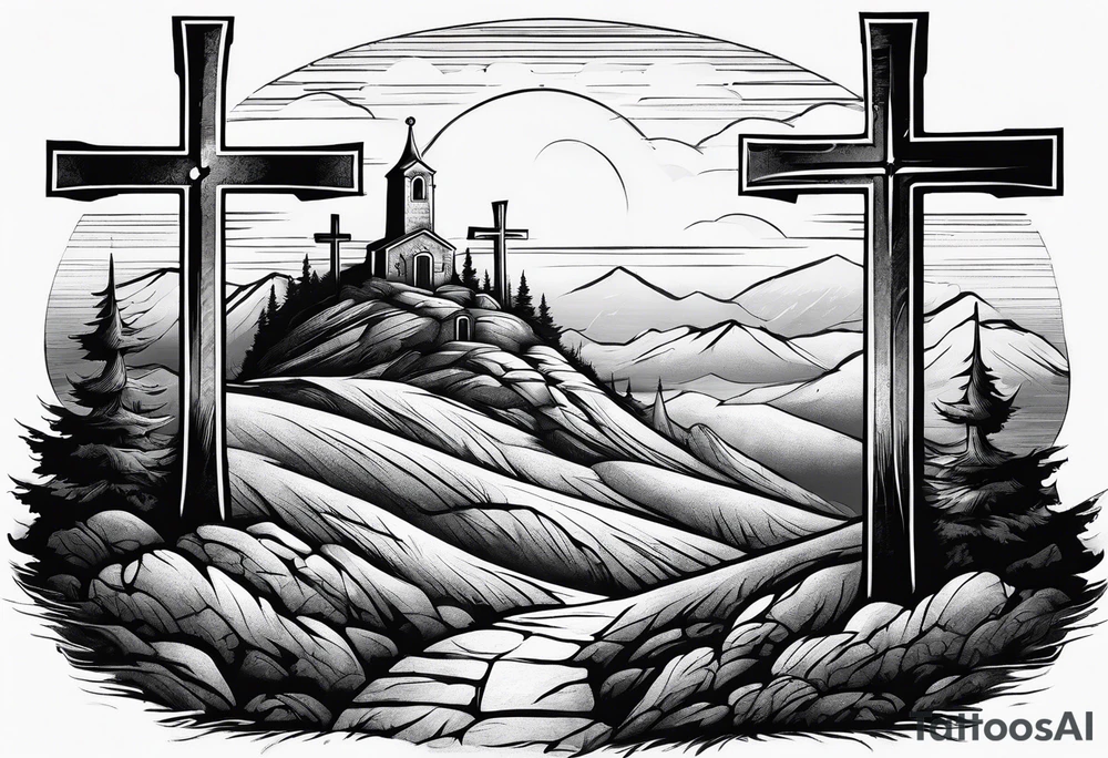 3 crosses on a hill facing west tattoo idea