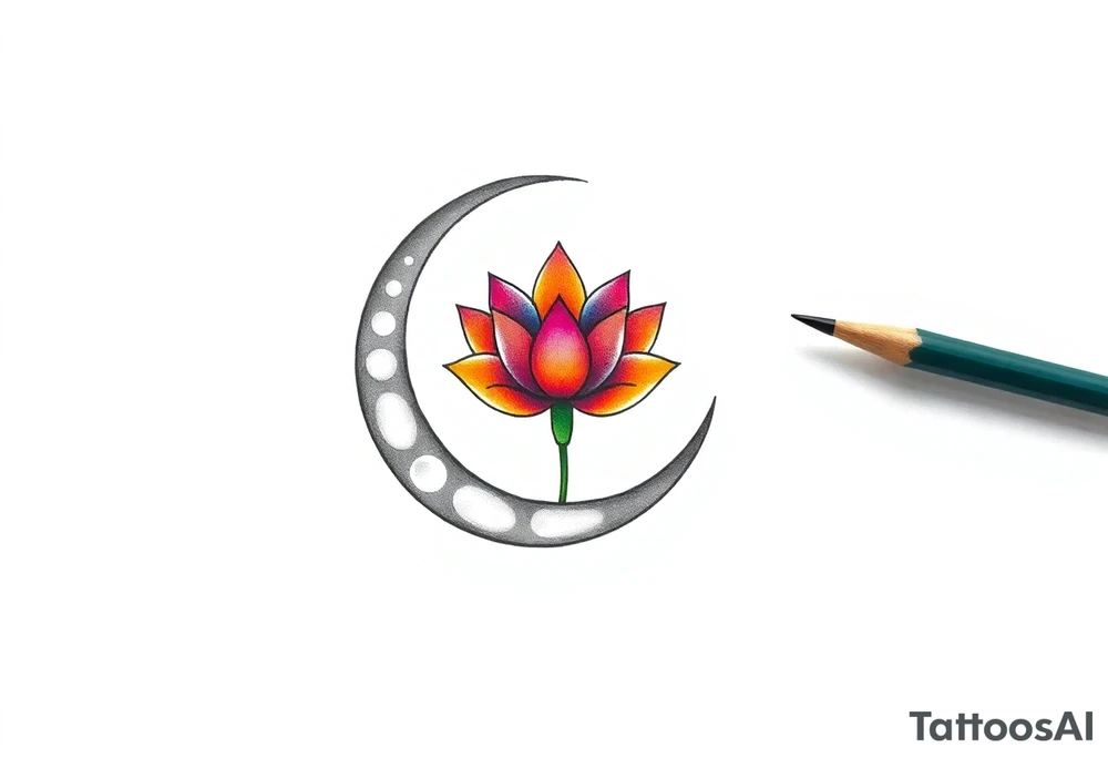 small colorful crescent moon with lotus flower tattoo idea