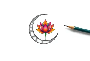 small colorful crescent moon with lotus flower tattoo idea