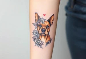 tan staffie with succulents and flowers surrounding her head tattoo idea