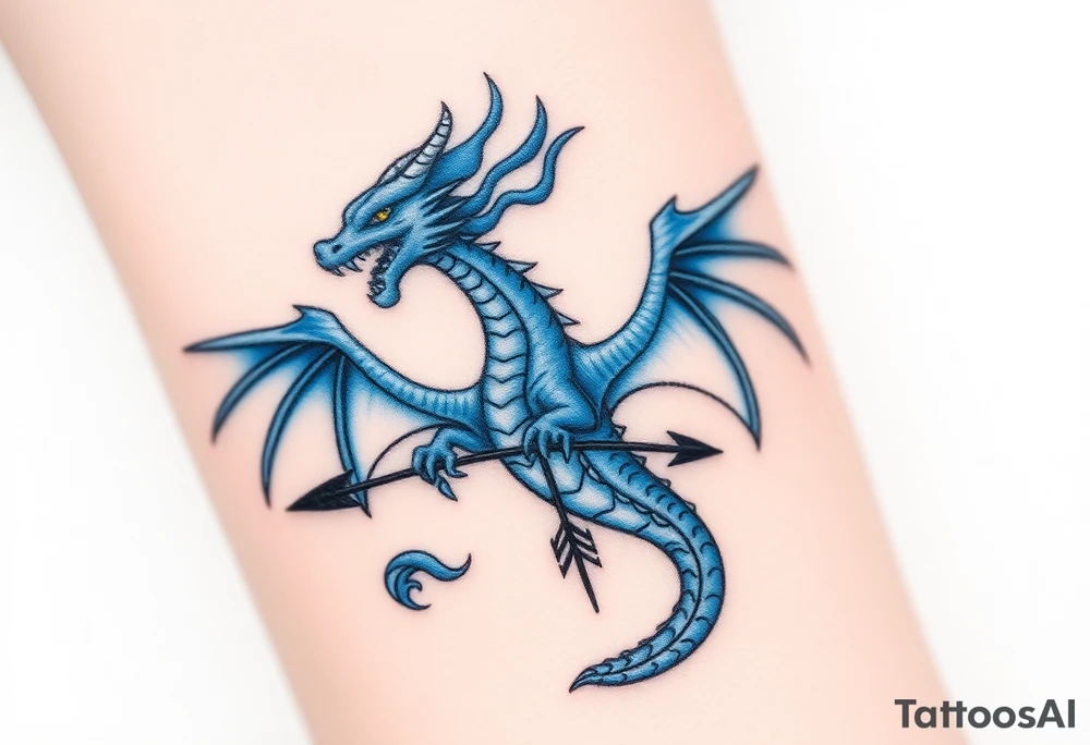 Blue fire breathing dragon with wings spread and an arrow through its chest tattoo idea