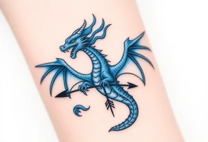 Blue fire breathing dragon with wings spread and an arrow through its chest tattoo idea