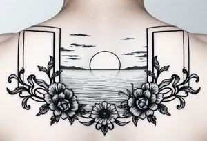 A sunset across the ocean, looking out of a window with Turkish ornamental accents and floral touches tattoo idea