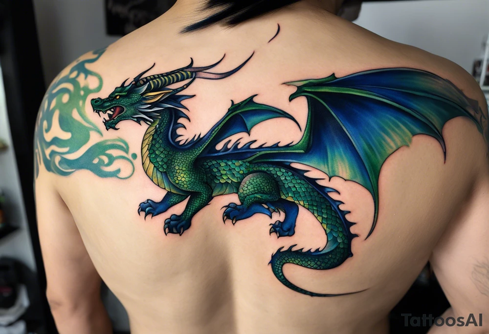 Micro realist Tattoo: An epic with no wings floating. Its body coiling dynamically, with scales and horns detailed to create a sense of movement and strength. The dragon's main color is dark blue but features accents in green, blue, and gold, giving a vibrant depth and a mystical aura. This tattoo highlights the dragon’s fierce expression and sharp claws as it wraps protectively around the leg. Style: Micro-realism tattoo idea