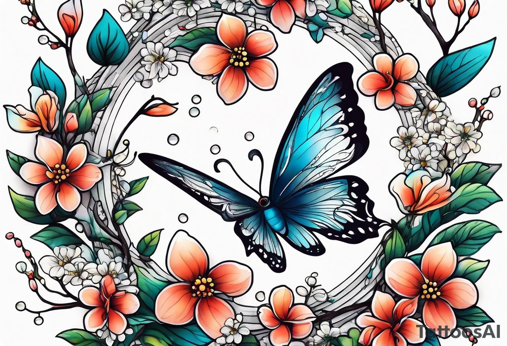 Winding branches and leaves and tiny flowers with a small moth and bubbles tattoo idea