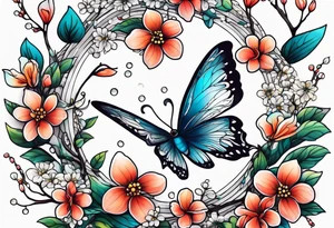 Winding branches and leaves and tiny flowers with a small moth and bubbles tattoo idea