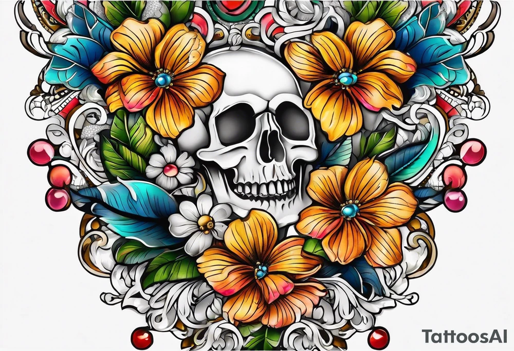 Floral leg piece with beading and lace tattoo idea. colorful, old school flowers, highly detailed, florals. white background tattoo idea