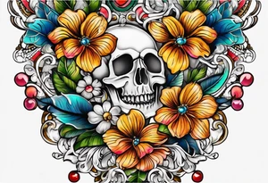 Floral leg piece with beading and lace tattoo idea. colorful, old school flowers, highly detailed, florals. white background tattoo idea