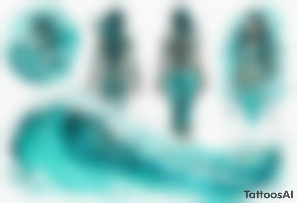 a turquoise Na'vi woman standing in the sea with water for legs surrounded by crashing waves tattoo idea