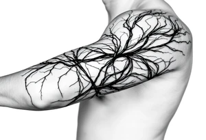 Lines that run/scattered across the veins, creating almost wound-like feel and is abstract linear. Almost paintbrush effects too. But not too many lines. tattoo idea