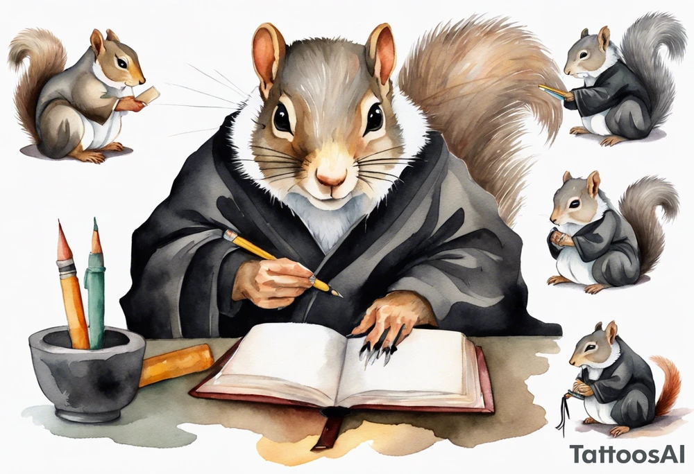 an elderly grey squirrel with a long beard wearing a black robe writing in a journal tattoo idea