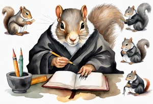 an elderly grey squirrel with a long beard wearing a black robe writing in a journal tattoo idea
