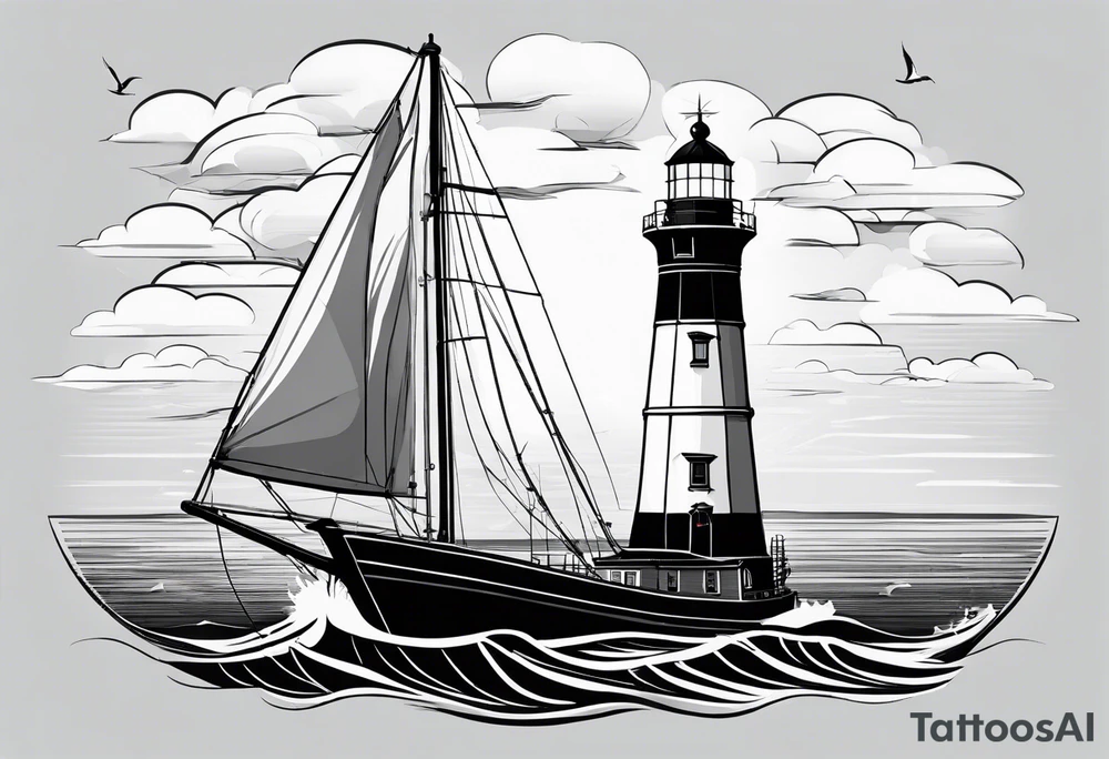 maritime lighthouse in a front view sailboat serving as a mast for a sail. tattoo idea