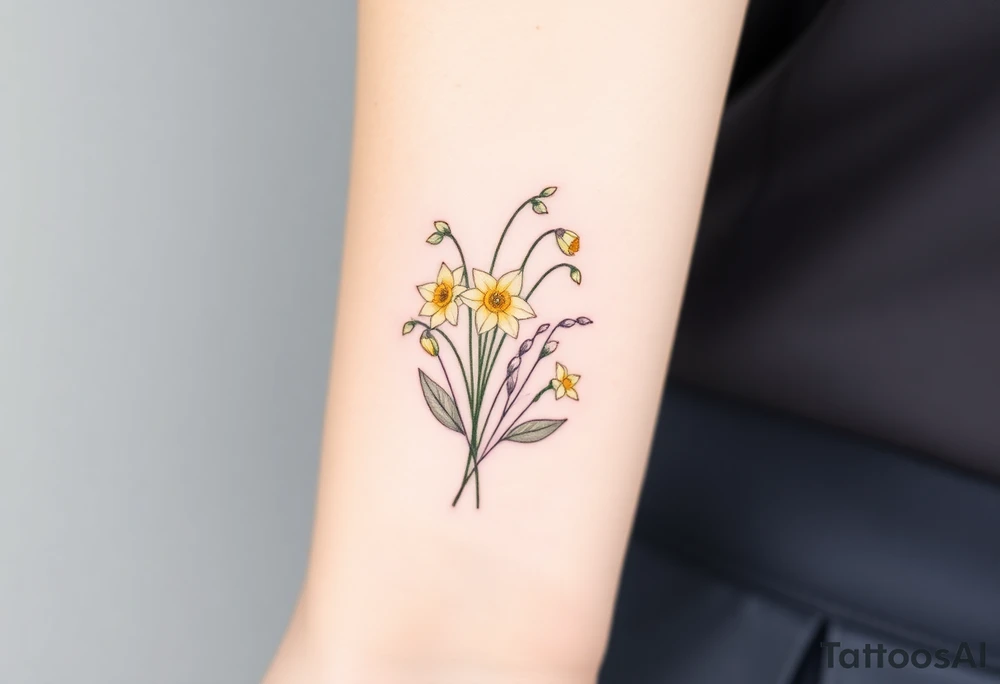 Feminine daffodils, Lily of the valley and larkspur bouquet tattoo idea