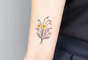 Feminine daffodils, Lily of the valley and larkspur bouquet tattoo idea