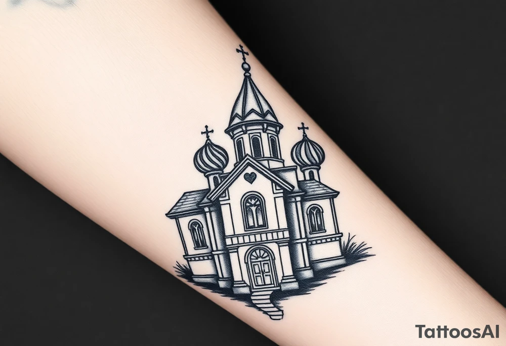 in a dorsal view a detailed medium sized country style orthodox church with onion domes and a band at the front with mist shrouding the top and fading into a virgin mary overlooking above at the top tattoo idea